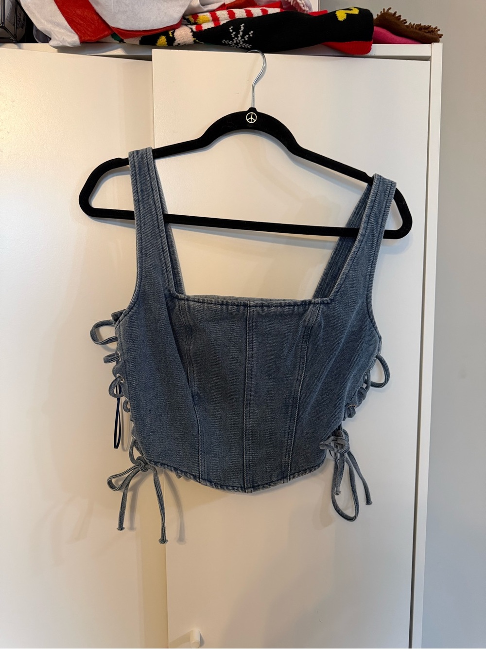 Altar'd State Gray Denim Lace-Up Corset Crop Top